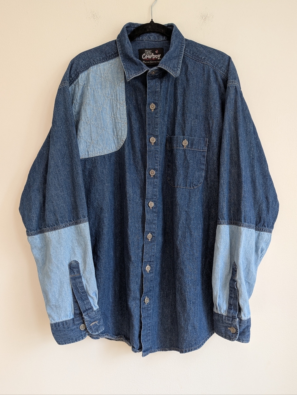 Mens Vintage Cowboy Denim On Denim Patchwork Button-Up Western Shirt XL